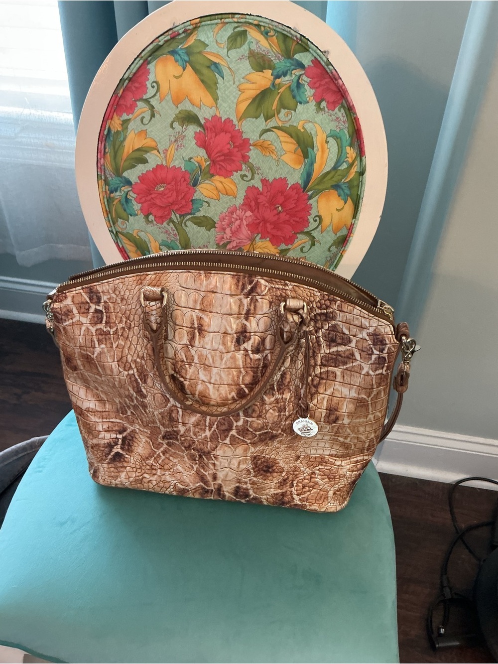 Brahmin Croc-Embossed Satchel in Brown